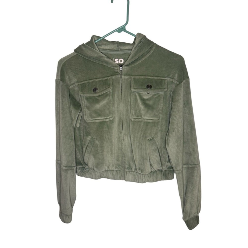 SO Sage Green Ribbed Velour Full Zip Cropped Hoodie Girls L (10/12